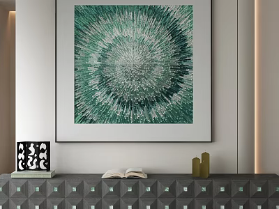 Green And White Circular Abstract Painting Hanging On Wall With Geometric Cabinet And Decor Items 3d model