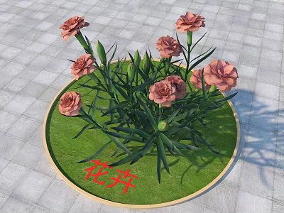 Pink Carnations Growing In Round Green Grass Like Pot On Gray Tiled Floor 3d model
