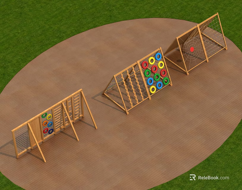 Outdoor Wooden Playground Equipment With Colorful Rings And Climbing Net Panels 3d model 