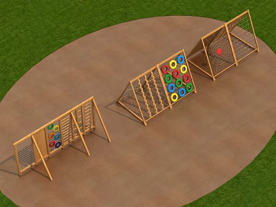 Outdoor Wooden Playground Equipment With Colorful Rings And Climbing Net Panels 3d model