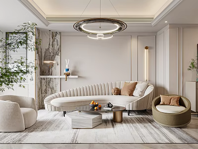 Modern Living Room Interior Design With Curved Sofa Round Chairs And Ring Pendant Light 3d model