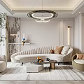 Modern Living Room Interior Design With Curved Sofa Round Chairs And Ring Pendant Light