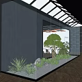Indoor Garden Feature With Tree Plants Stones Gravel Glass Walls And Skylights