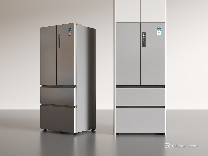 Modern Silver and Gray Refrigerators Freezers with Multi Door Drawer Design 3d model 