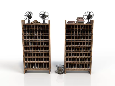 Two Wooden File Racks With Fans And Small Trash Bin In Office Setup 3d model