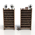 Two Wooden File Racks With Fans And Small Trash Bin In Office Setup