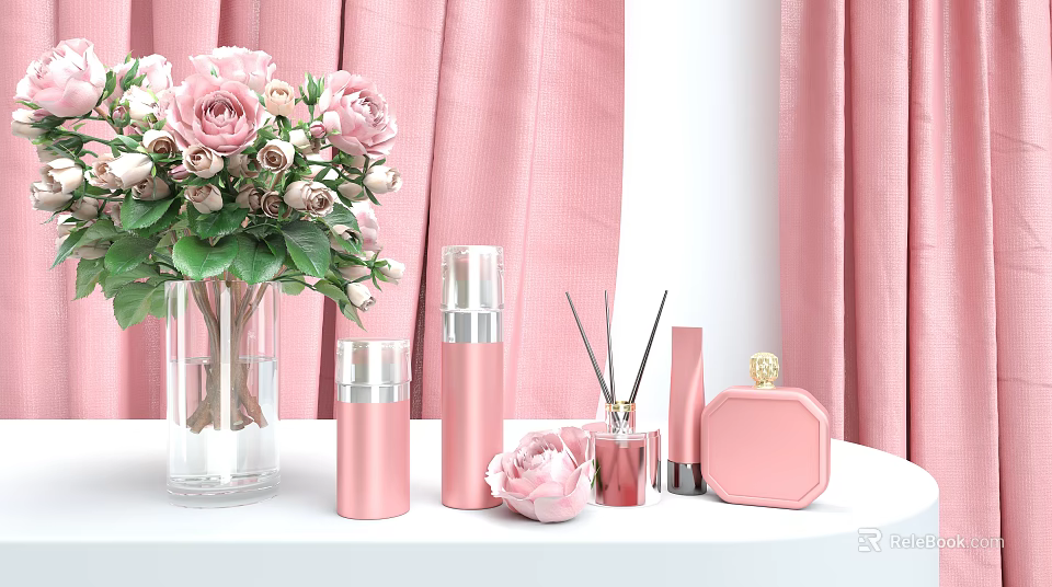 Elegant Pink Cosmetics And Perfume Collection With Roses Reed Diffuser And Lipstick 3d model 