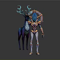 Ethereal Armored Character With Blue Crystal Head And Purple Deer With Blue Antlers