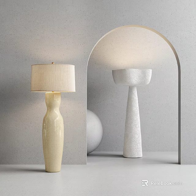 Cream And White Floor Lamps With Sleek Ceramic And Textured Bases Grey Wall Arched Structure 3d model 