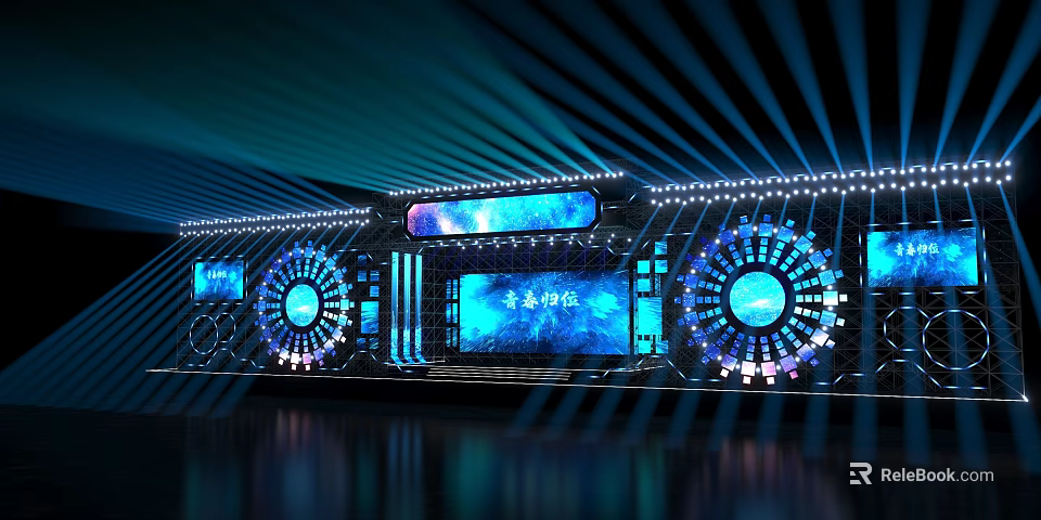 Contemporary Stage Design With Blue Lighting Effects LED Screens And Circular Decorative Elements 3d model