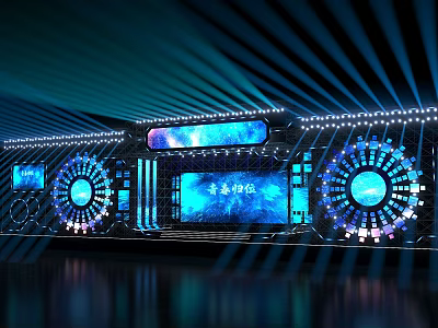 Contemporary Stage Design With Blue Lighting Effects LED Screens And Circular Decorative Elements 3d model