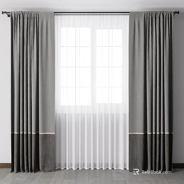 Elegant Gray Curtains With White Sheer Double Layer For Window Decoration 3d model