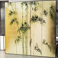 Traditional Chinese Decorative Screen with Green Bamboo Pattern on Beige Background 3d model