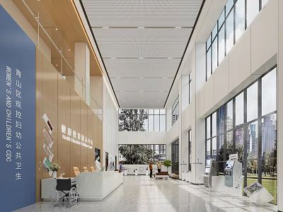 Modern Exhibition Hall Interior With Spacious Layout Glass Windows Wooden Walls And Reception Desk 3d model