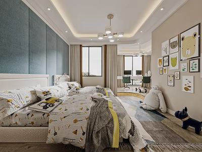 Cozy Kids Room Interior with Twin Beds Animal Wall Art Soft Toys and Curtains 3d model