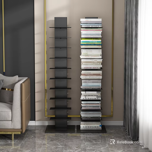 Modern Black Bookcase With Multiple Open Shelves And Stacked Books In Living Room 3d model 