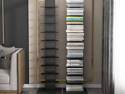 Modern Black Bookcase With Multiple Open Shelves And Stacked Books In Living Room 3d model
