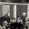 Modern Luxury Chinese Private Dining Room With Round Table Pendant Light Tableware Bookshelves Decorative Painting