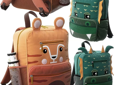 Colorful Kids Animal Design Backpacks with Tiger Crocodile Dinosaur Cartoon Faces 3d model