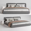 Modern Double Bed With Grey Velvet Headboard Multiple Pillows Blanket And White Side Table 3d model