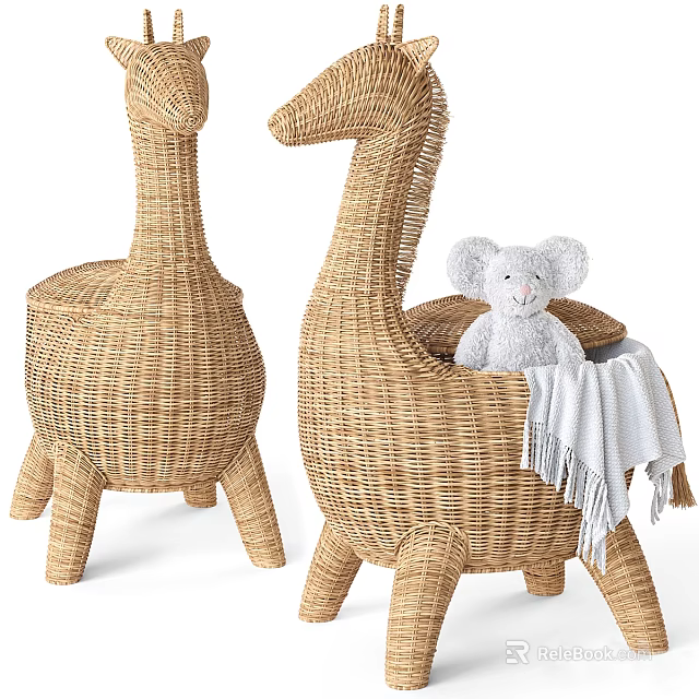 Two Wicker Animal Shaped Storage Furniture With Plush Toy And Blanket 3d model 