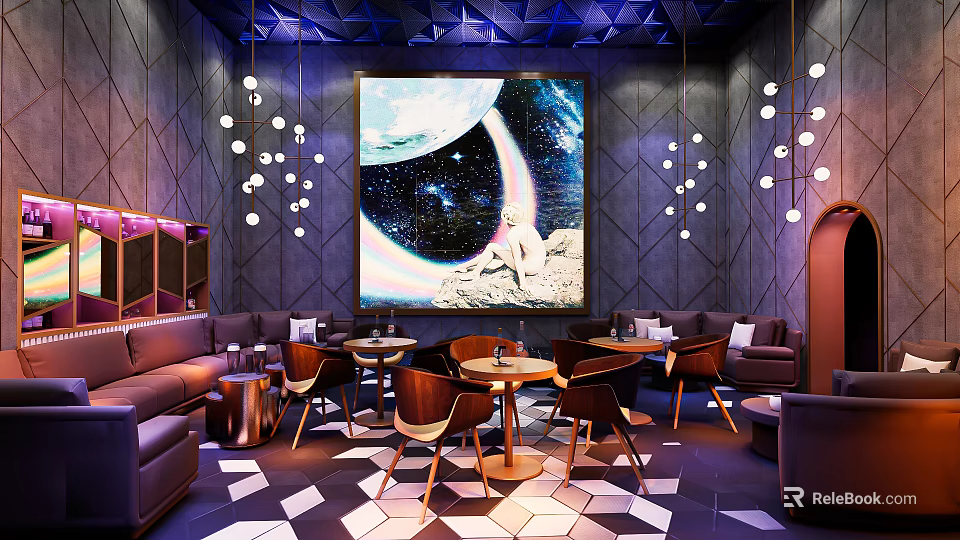 Stylish Bar Interior Featuring Starry Sky Mural Hanging Lights Sofas Tables And Geometric Floor 3d model 