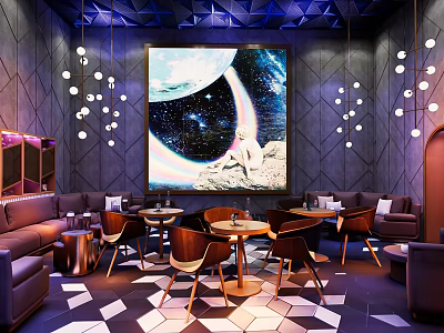 Stylish Bar Interior Featuring Starry Sky Mural Hanging Lights Sofas Tables And Geometric Floor 3d model