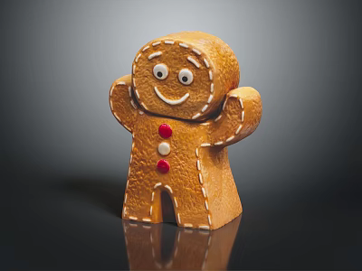 Smiling Gingerbread Man With White Icing Details Red Buttons Standing On Black Surface With Reflection 3d model