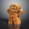 Smiling Gingerbread Man With White Icing Details Red Buttons Standing On Black Surface With Reflection 3d model