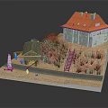 Two Story Building With Red Roof Gray Walls Small Cottage Staircase Sandy Ground And Bushes