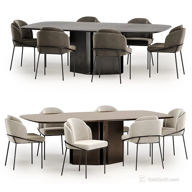 Modern Oval Dining Table Set With Wooden Top And Beige Upholstered Chairs 3d model 