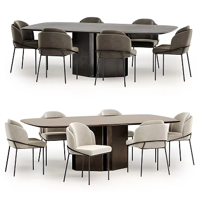 Modern Oval Dining Table Set With Wooden Top And Beige Upholstered Chairs 3d model