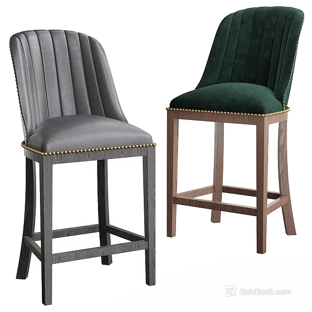 Modern Gray and Green Bar Stools with Vertical Striped Backrest and Wooden Legs 3d model 