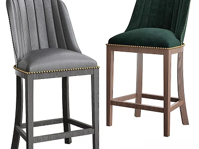 Modern Gray and Green Bar Stools with Vertical Striped Backrest and Wooden Legs 3d model