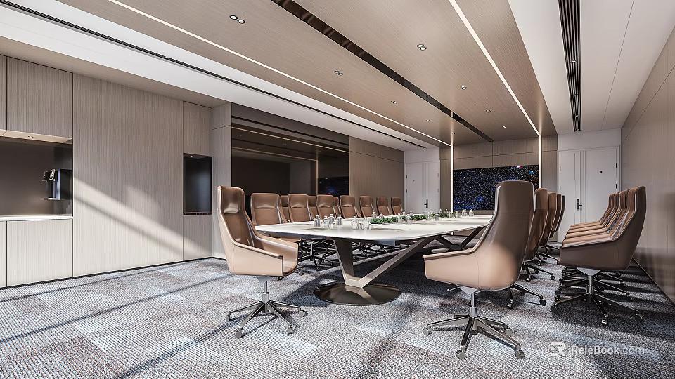 Modern Conference Room Interior with Rectangular Table Beige Chairs Wooden Walls and Recessed Lighting 3d model 