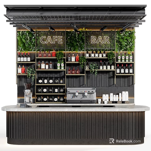 Modern Bar Counter with Green Plant Walls CAFE BAR Signs Wine Bottles and Coffee Machine 3d model 