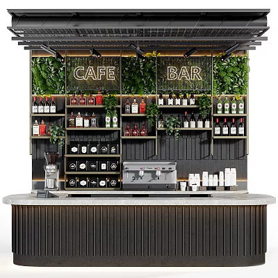 Modern Bar Counter with Green Plant Walls CAFE BAR Signs Wine Bottles and Coffee Machine 3d model