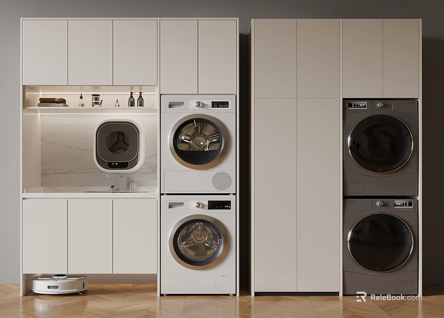 Modern Laundry Room With Built In White Cabinets Washing Machines And Dryers 3d model 