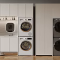 Modern Laundry Room With Built In White Cabinets Washing Machines And Dryers