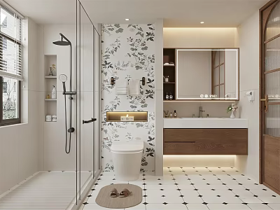 Modern Bathroom Interior Design With Floral Wall Wooden Vanity And Black White Geometric Floor 3d model