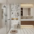 Modern Bathroom Interior Design With Floral Wall Wooden Vanity And Black White Geometric Floor