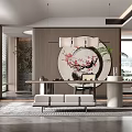 Modern Tea Room With Wooden Circular Plum Blossom Painting Long Table Sofa And Hanging Lights