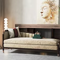 Chaise Lounge with Wooden Legs Beige Patterned Fabric Cushions Buddha Painting and Green Plant