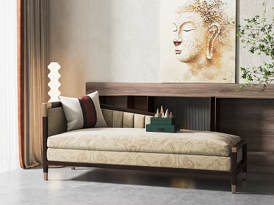 Chaise Lounge with Wooden Legs Beige Patterned Fabric Cushions Buddha Painting and Green Plant 3d model