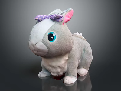 Gray and White Plush Rabbit Doll with Pink Ears Purple Polka Dot Bow Blue Eyes 3d model