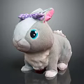 Gray and White Plush Rabbit Doll with Pink Ears Purple Polka Dot Bow Blue Eyes