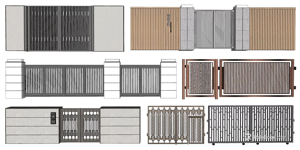Modern Entrance Gates Design With Metal Slats Wooden Panels And Decorative Frames 3d model 