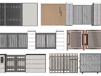 Modern Entrance Gates Design With Metal Slats Wooden Panels And Decorative Frames 3d model
