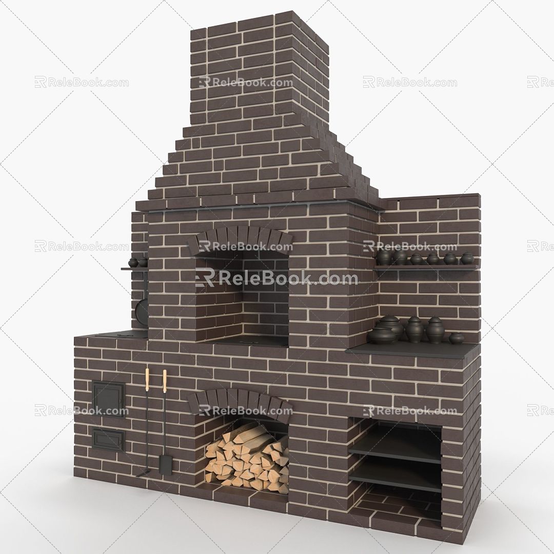 Modern Kitchen Oven Modern Kitchen Oven Barbecue Fireplace Wood Brick Wall Barbecue Pot Barbecue Grill Exterior Wall House Chimney 3d model