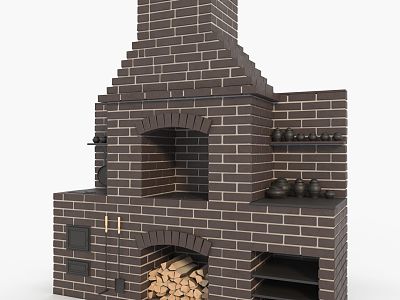 Modern Kitchen Oven Modern Kitchen Oven Barbecue Fireplace Wood Brick Wall Barbecue Pot Barbecue Grill Exterior Wall House Chimney 3d model